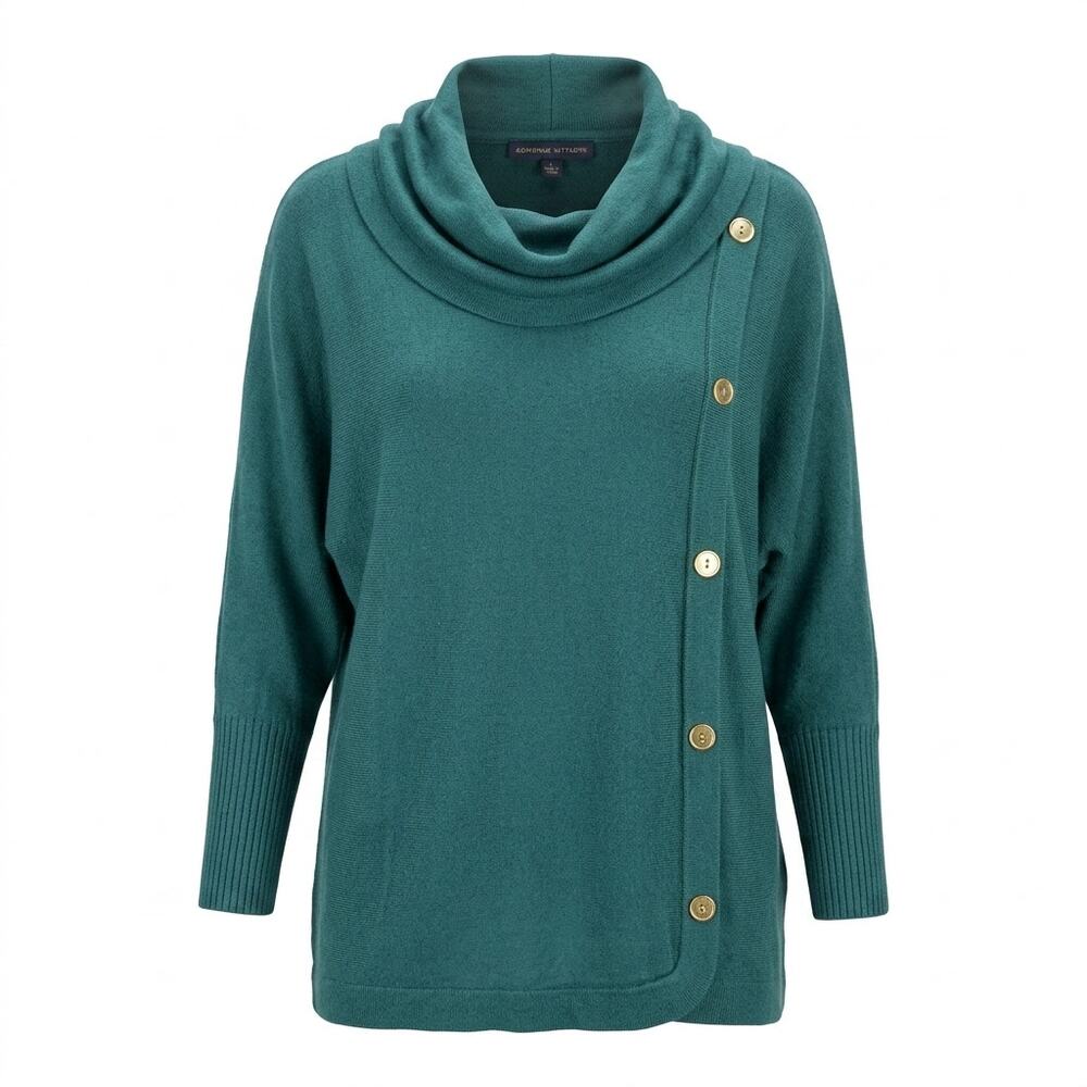 Adrienne Vittadini Cowl Neck Asymmetric Button Knit Sweater Women Size L